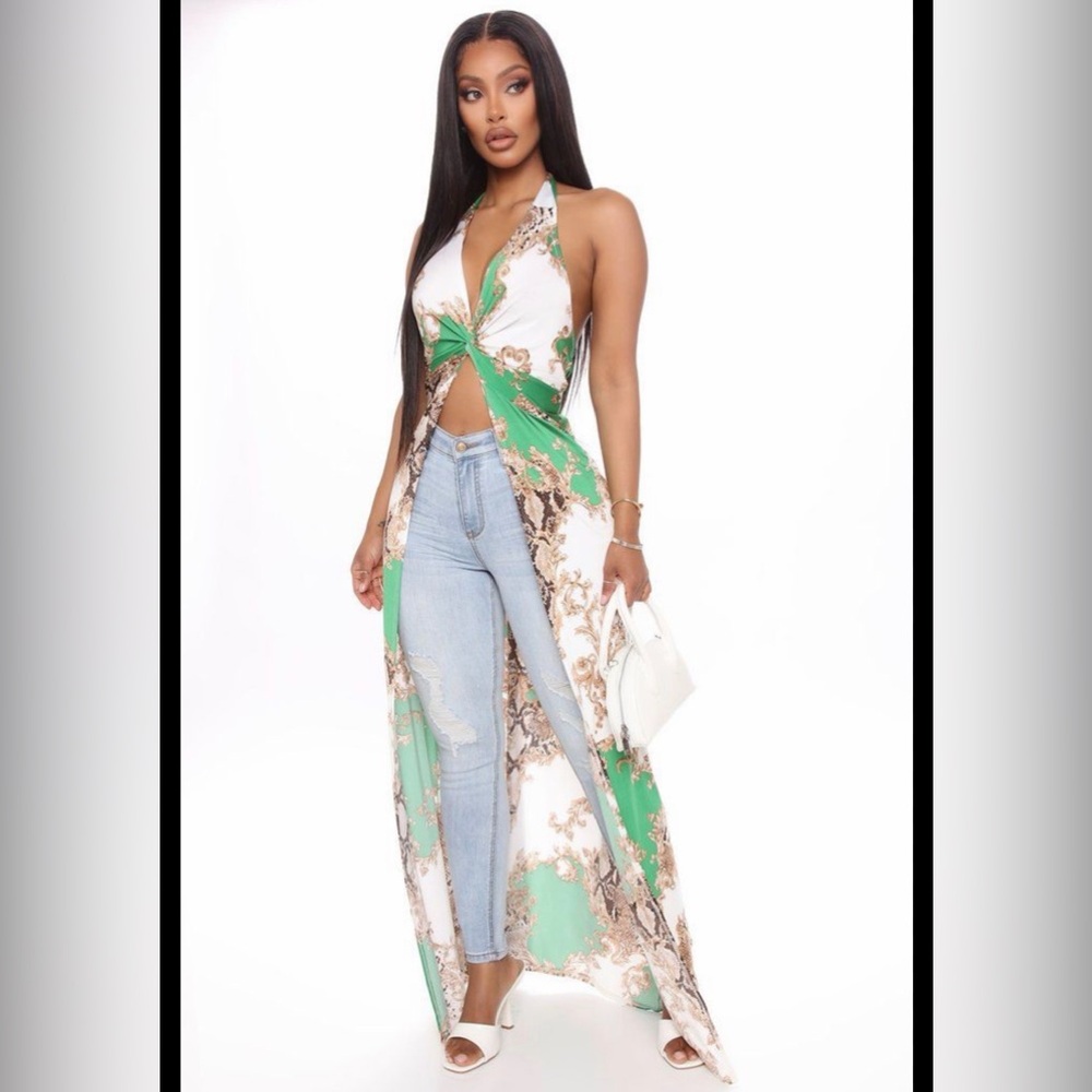 Fashion Nova Floral Green and White Halter Maxi Top Medium